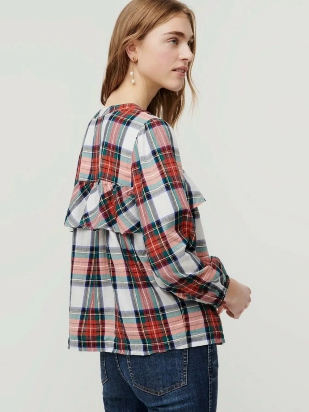J. CREW Plaid Ruffle Yoke Pullover Top